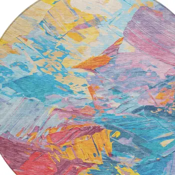 8' Blue Yellow Pink And Orange Round Abstract Washable Indoor Outdoor Area Rug