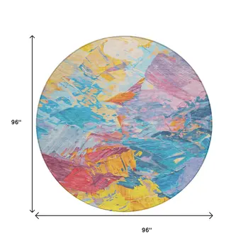 8' Blue Yellow Pink And Orange Round Abstract Washable Indoor Outdoor Area Rug