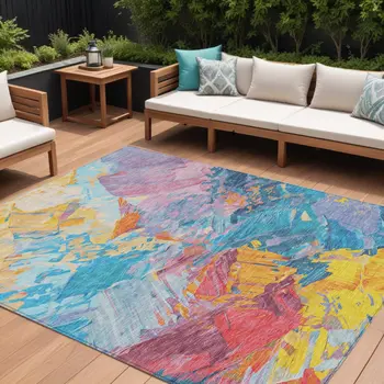 8' X 10' Blue Yellow Pink And Orange Abstract Washable Indoor Outdoor Area Rug