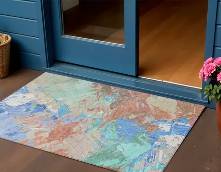 3' X 5' Coral Teal Blue Mint Green And Copper Abstract Washable Indoor Outdoor Area Rug