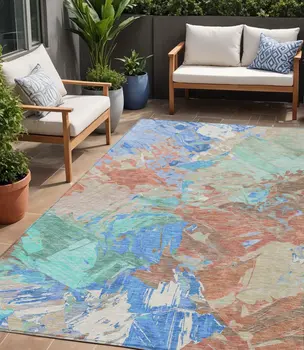 5' X 8' Coral Teal Blue Mint Green And Copper Abstract Washable Indoor Outdoor Area Rug