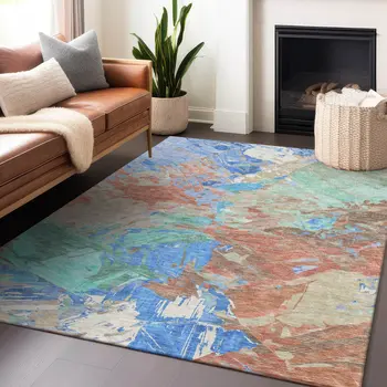 5' X 8' Coral Teal Blue Mint Green And Copper Abstract Washable Indoor Outdoor Area Rug
