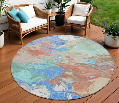 8' Coral Teal Blue Mint Green And Copper Round Abstract Washable Indoor Outdoor Area Rug