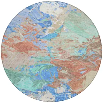 8' Coral Teal Blue Mint Green And Copper Round Abstract Washable Indoor Outdoor Area Rug