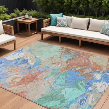 8' X 10' Coral Teal Blue Mint Green And Copper Abstract Washable Indoor Outdoor Area Rug