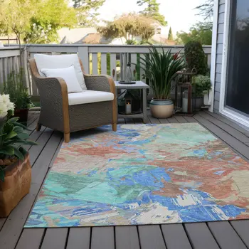 8' X 10' Coral Teal Blue Mint Green And Copper Abstract Washable Indoor Outdoor Area Rug