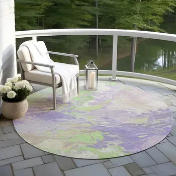 8' Lavender Mint Green And Beige Round Abstract Washable Indoor Outdoor Area Rug