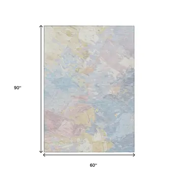 5' X 8' Sky Blue Beige And Gold Abstract Washable Indoor Outdoor Area Rug