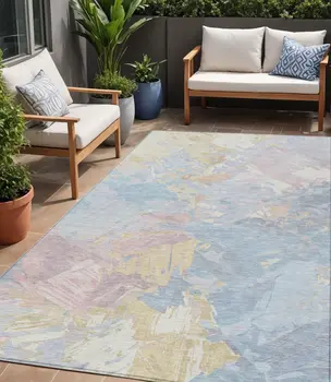5' X 8' Sky Blue Beige And Gold Abstract Washable Indoor Outdoor Area Rug