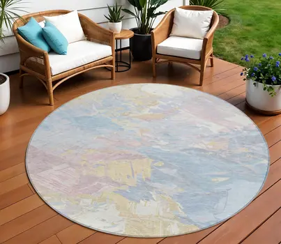 8' Sky Blue Beige And Gold Round Abstract Washable Indoor Outdoor Area Rug