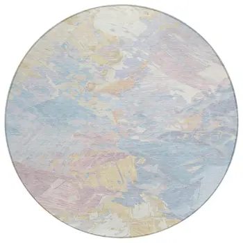 8' Sky Blue Beige And Gold Round Abstract Washable Indoor Outdoor Area Rug
