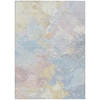 9' X 12' Sky Blue Beige And Gold Abstract Washable Indoor Outdoor Area Rug