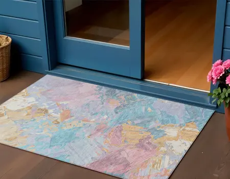 3' X 5' Teal Blue Gold And Pink Abstract Washable Indoor Outdoor Area Rug