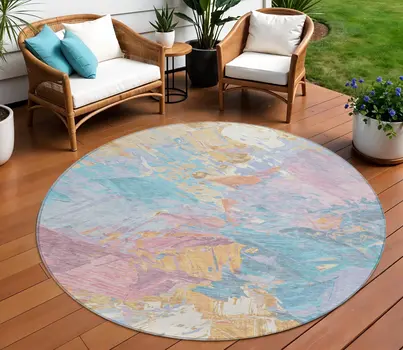 8' Teal Blue Gold And Pink Round Abstract Washable Indoor Outdoor Area Rug