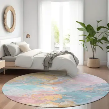 8' Teal Blue Gold And Pink Round Abstract Washable Indoor Outdoor Area Rug