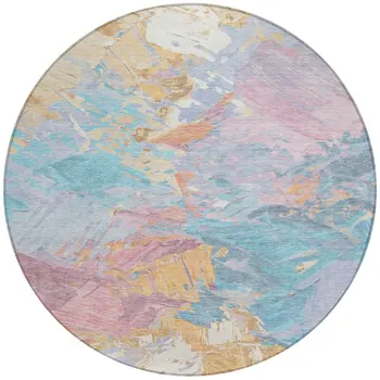 8' Teal Blue Gold And Pink Round Abstract Washable Indoor Outdoor Area Rug