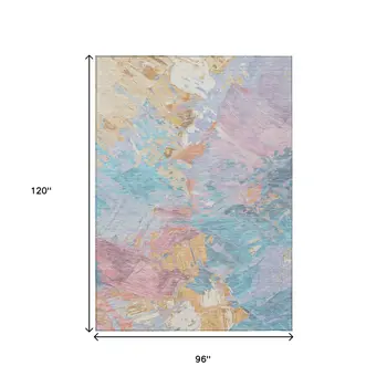 8' X 10' Teal Blue Gold And Pink Abstract Washable Indoor Outdoor Area Rug