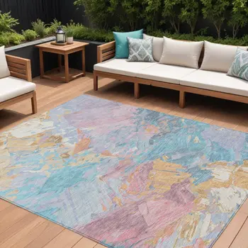 8' X 10' Teal Blue Gold And Pink Abstract Washable Indoor Outdoor Area Rug