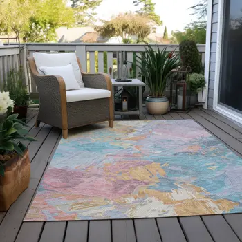 10' X 14' Teal Blue Gold And Pink Abstract Washable Indoor Outdoor Area Rug
