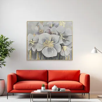 White And Gold Blossoms Gold Framed Oil Painting Wall Art