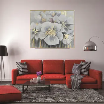 White And Gold Blossoms Gold Framed Oil Painting Wall Art