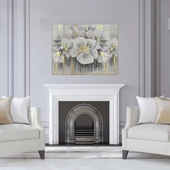 White And Gold Blossoms Gold Framed Oil Painting Wall Art