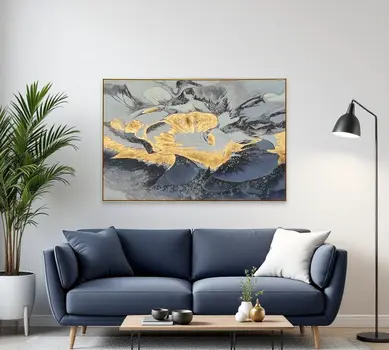 Blue and Gold Modern Abstract Gold Framed Oil Painting Wall Art