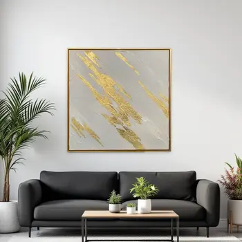White And Gold Streaks Gold Framed Oil Painting Wall Art