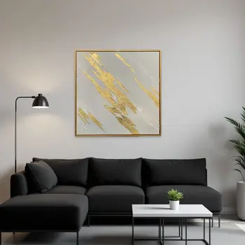 White And Gold Streaks Gold Framed Oil Painting Wall Art