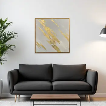 White And Gold Streaks Gold Framed Oil Painting Wall Art