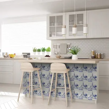 8" x 8" Blue Vinyl Arabesque Peel And Stick Removable Tiles