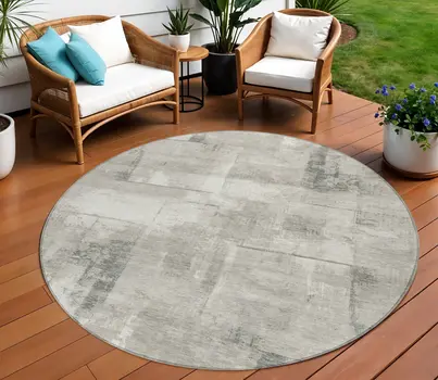8' Beige And Gray Round Geometric Washable Indoor Outdoor Area Rug