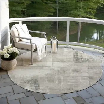 8' Beige And Gray Round Geometric Washable Indoor Outdoor Area Rug
