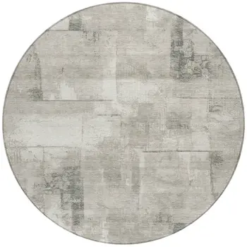 8' Beige And Gray Round Geometric Washable Indoor Outdoor Area Rug
