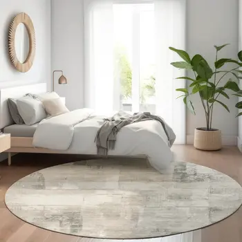 8' Beige And Gray Round Geometric Washable Indoor Outdoor Area Rug