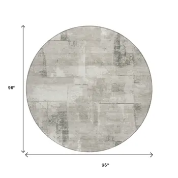 8' Beige And Gray Round Geometric Washable Indoor Outdoor Area Rug