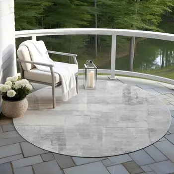 8' Gray And Silver Round Geometric Washable Indoor Outdoor Area Rug