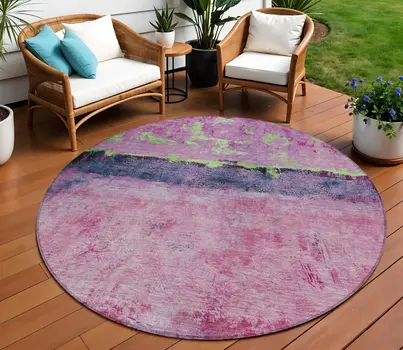 8' Blush And Mint Green Round Abstract Washable Indoor Outdoor Area Rug