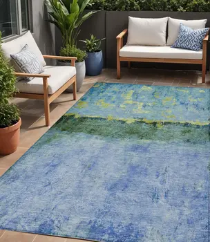 5' X 8' Blue And Lime Green Abstract Washable Indoor Outdoor Area Rug