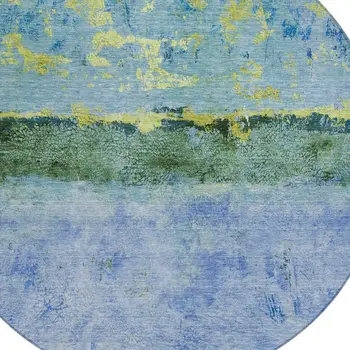 8' Blue And Lime Green Round Abstract Washable Indoor Outdoor Area Rug
