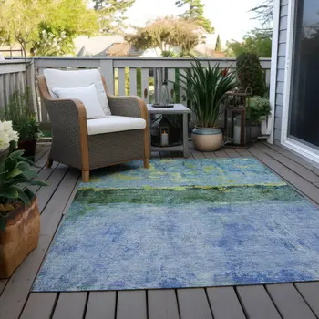 8' X 10' Blue And Lime Green Abstract Washable Indoor Outdoor Area Rug