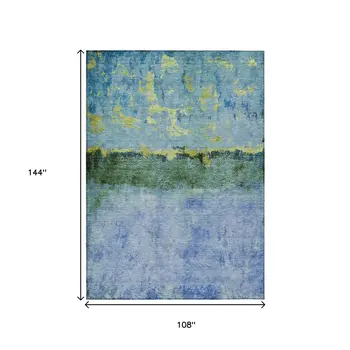 9' X 12' Blue And Lime Green Abstract Washable Indoor Outdoor Area Rug