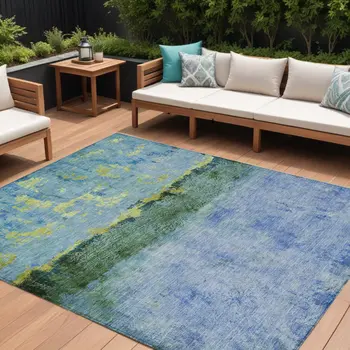 9' X 12' Blue And Lime Green Abstract Washable Indoor Outdoor Area Rug
