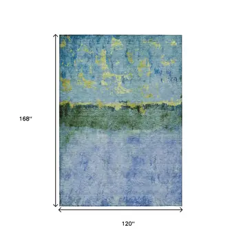 10' X 14' Blue And Lime Green Abstract Washable Indoor Outdoor Area Rug