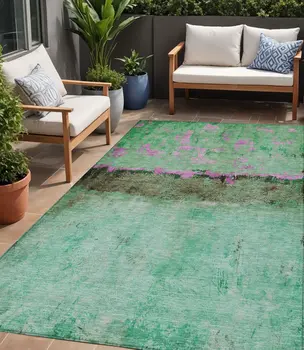 5' X 8' Green And Pink Abstract Washable Indoor Outdoor Area Rug