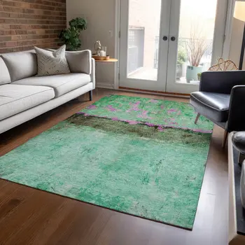 5' X 8' Green And Pink Abstract Washable Indoor Outdoor Area Rug