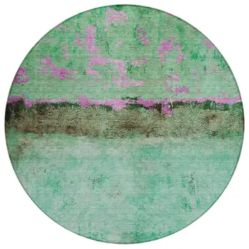 8' Green And Pink Round Abstract Washable Indoor Outdoor Area Rug