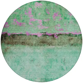 8' Green And Pink Round Abstract Washable Indoor Outdoor Area Rug