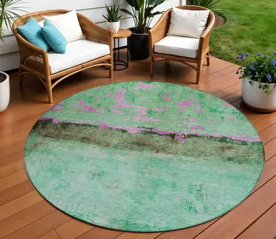 8' Green And Pink Round Abstract Washable Indoor Outdoor Area Rug