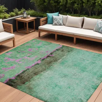 9' X 12' Green And Pink Abstract Washable Indoor Outdoor Area Rug
